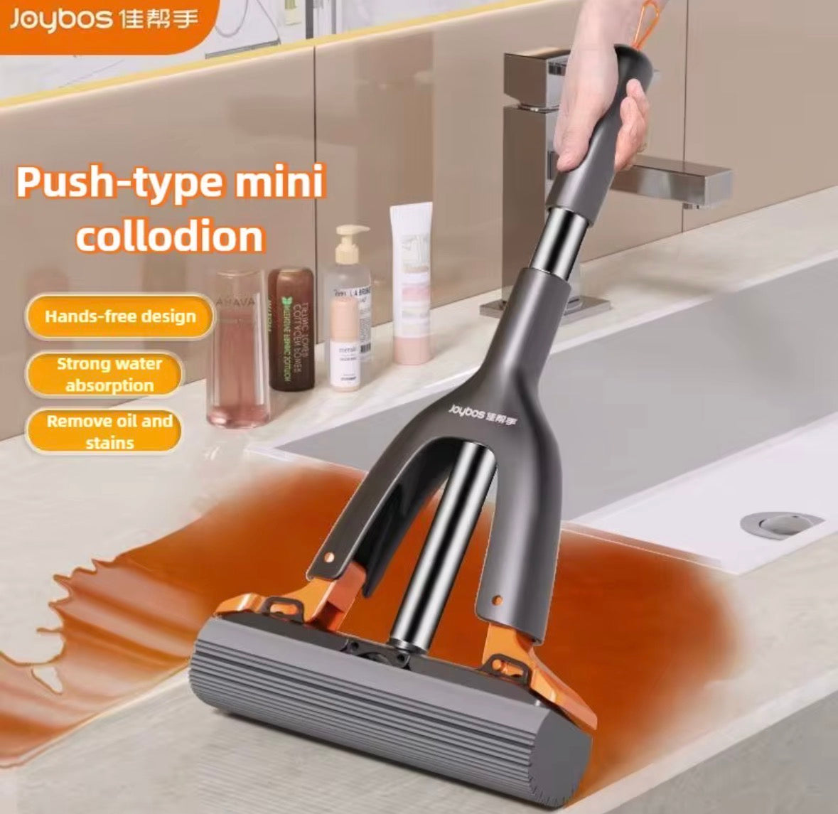 Joybos Wash Free Portable Self Squeeze Short Mini Mop Portable Mini Mop for Bathroom Kitchen Desktop Glass and Car Window